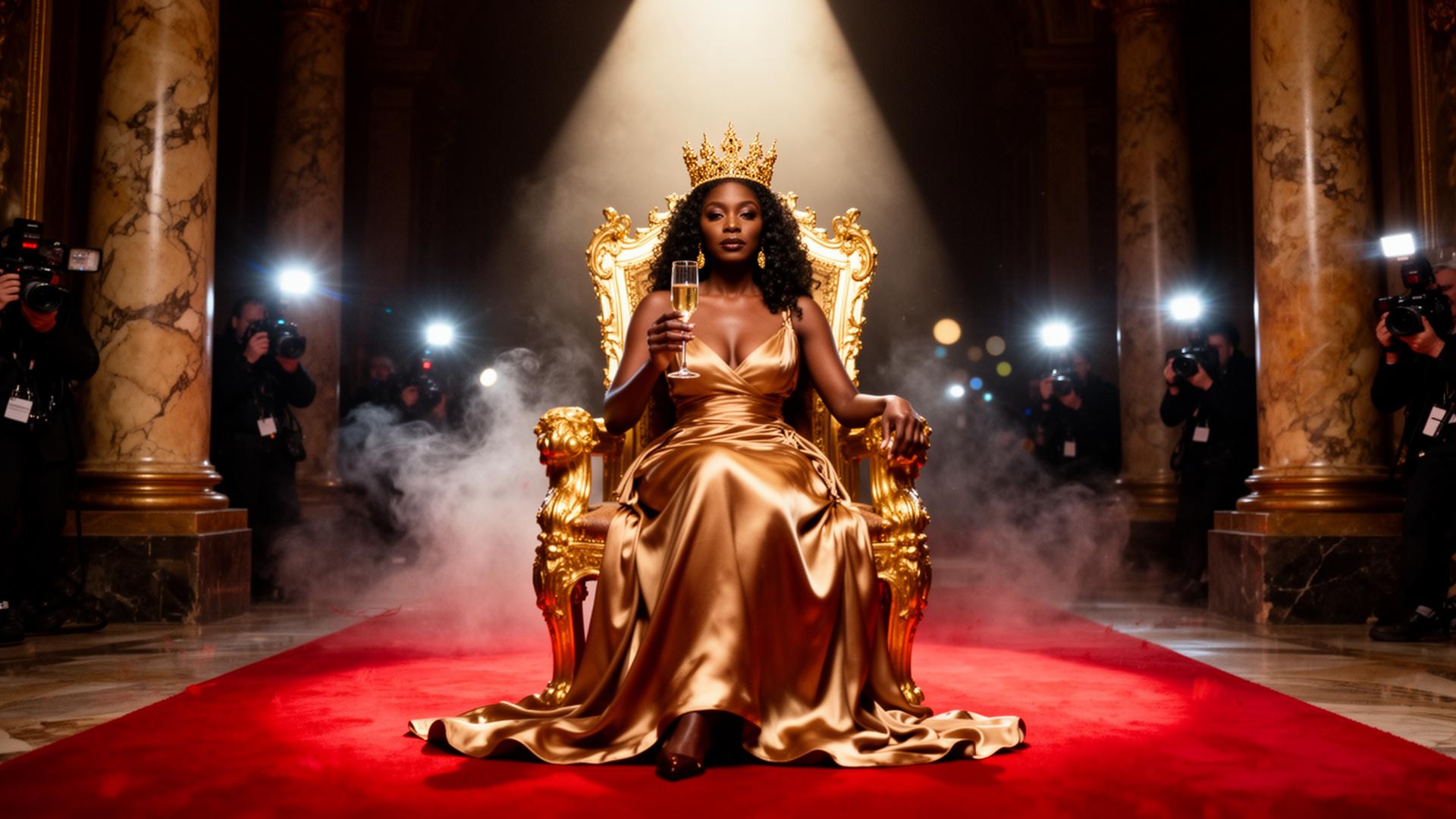 Queen on a gold throne under spotlight